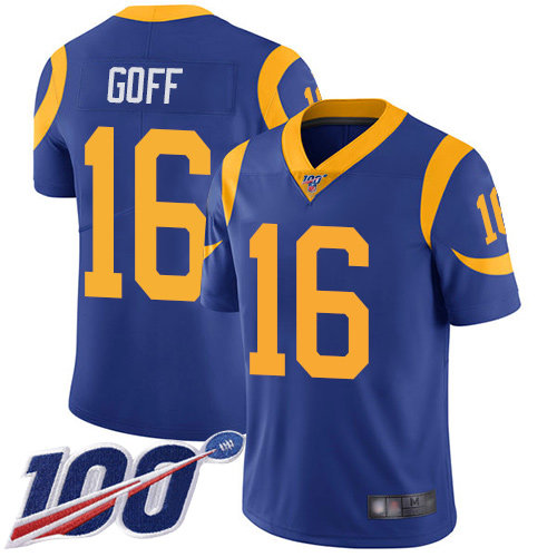 Rams #16 Jared Goff Royal Blue Alternate Men’s Stitched Football 100th Season Vapor Limited Jersey