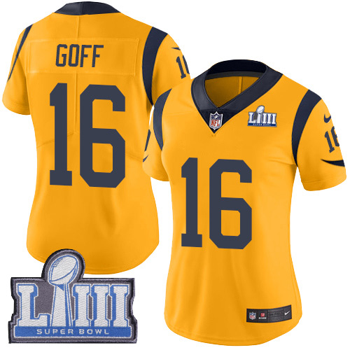 Women’s Los Angeles Rams #16 Jared Goff Gold Nike NFL Rush Vapor Untouchable Super Bowl LIII Bound Limited Jersey