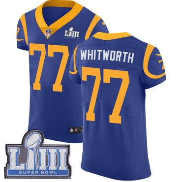 #77 Elite Andrew Whitworth Royal Blue Nike NFL Alternate Men’s Jersey Los Angeles Rams Vapor Untouchable Super Bowl LIII Bound