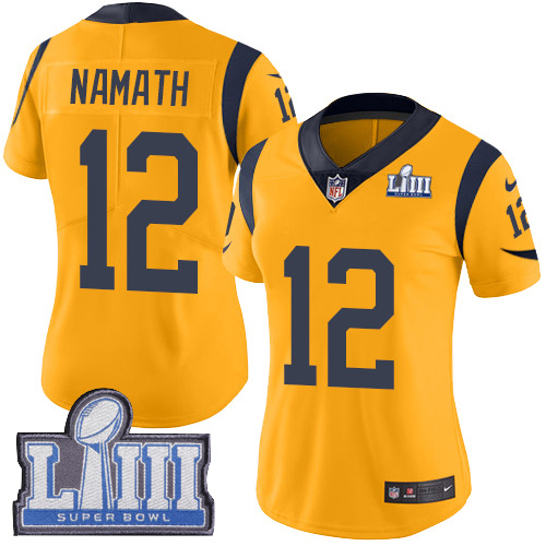#12 Limited Joe Namath Gold Nike NFL Women’s Jersey Los Angeles Rams Rush Vapor Untouchable Super Bowl LIII Bound