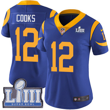 #12 Limited Brandin Cooks Royal Blue Nike NFL Alternate Women’s Jersey Los Angeles Rams Vapor Untouchable Super Bowl LIII Bound