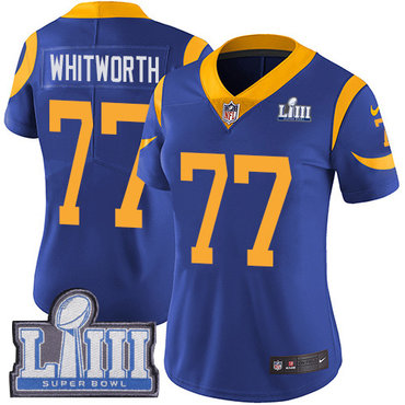 #77 Limited Andrew Whitworth Royal Blue Nike NFL Alternate Women’s Jersey Los Angeles Rams Vapor Untouchable Super Bowl LIII Bound
