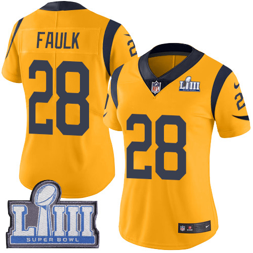 #28 Limited Marshall Faulk Gold Nike NFL Women’s Jersey Los Angeles Rams Rush Vapor Untouchable Super Bowl LIII Bound