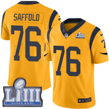 #76 Limited Rodger Saffold Gold Nike NFL Men’s Jersey Los Angeles Rams Rush Vapor Untouchable Super Bowl LIII Bound