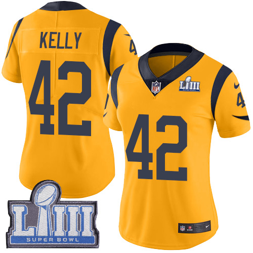 #42 Limited John Kelly Gold Nike NFL Women’s Jersey Los Angeles Rams Rush Vapor Untouchable Super Bowl LIII Bound