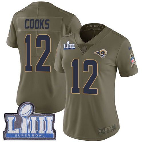#12 Limited Brandin Cooks Olive Nike NFL Women’s Jersey Los Angeles Rams 2017 Salute to Service Super Bowl LIII Bound