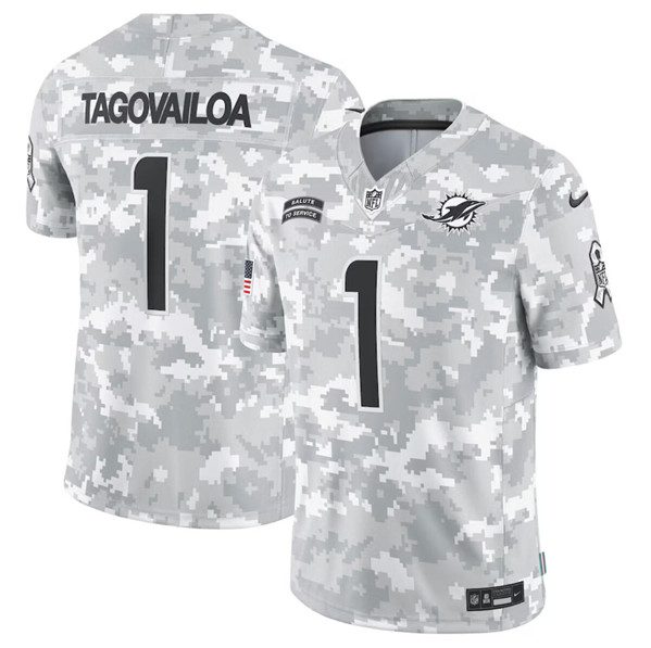 Miami Dolphins #1 Tua Tagovailoa Arctic Camo 2024 FUSE Salute To Service Limited Football Stitched Jersey