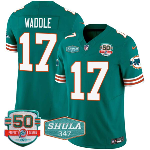 Men’s Dolphins Throwback Shula 347 Patch Vapor Jersey – All Stitched – Aqua – Jaylen Waddle