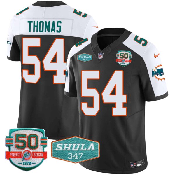 Men’s Dolphins Throwback Shula 347 Patch Vapor Jersey – All Stitched – Black Alternate – Zach Thomas