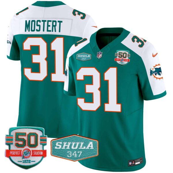 Men’s Dolphins Throwback Shula 347 Patch Vapor Jersey – All Stitched – Aqua Alternate – Raheem Mostert