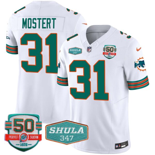 Men’s Dolphins Throwback Shula 347 Patch Vapor Jersey – All Stitched – White – Raheem Mostert