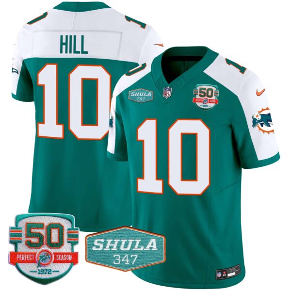 Men’s Dolphins Throwback Shula 347 Patch Vapor Jersey – All Stitched – Aqua Alternate – Tyreek Hill