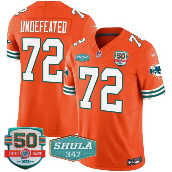 Men’s Dolphins Throwback Shula 347 Patch Vapor Jersey – All Stitched – Orange – Undefeated