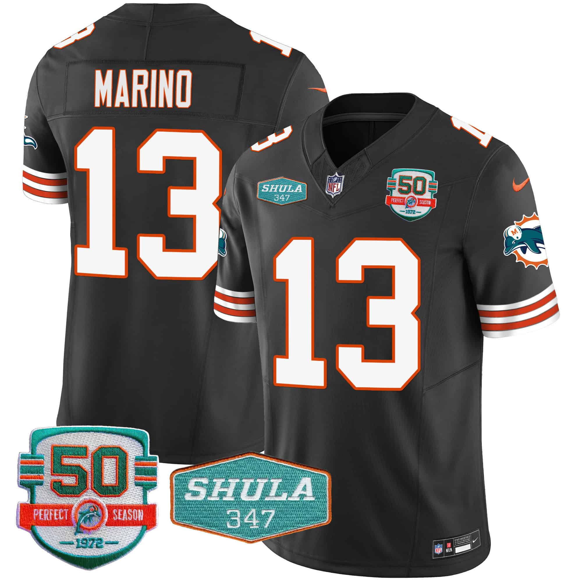 Men’s Dolphins Throwback Shula 347 Patch Vapor Jersey – All Stitched – Black – Dan Marino