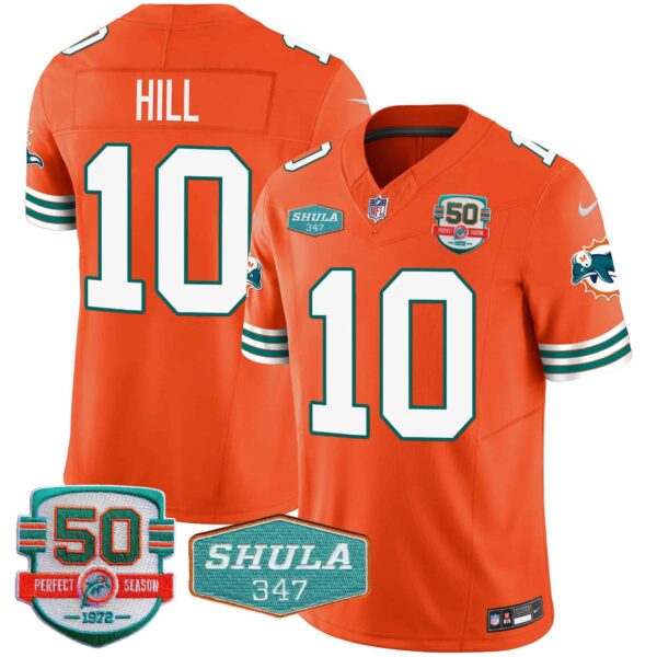 Men’s Dolphins Throwback Shula 347 Patch Vapor Jersey – All Stitched – Orange – Tyreek Hill