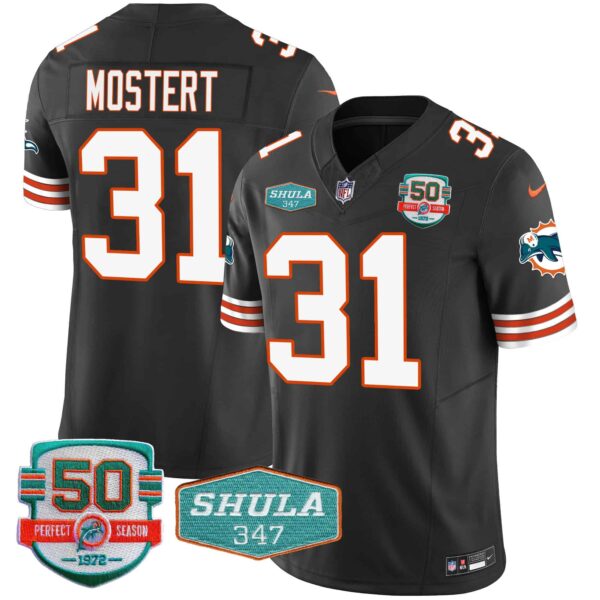 Men’s Dolphins Throwback Shula 347 Patch Vapor Jersey – All Stitched – Black – Raheem Mostert
