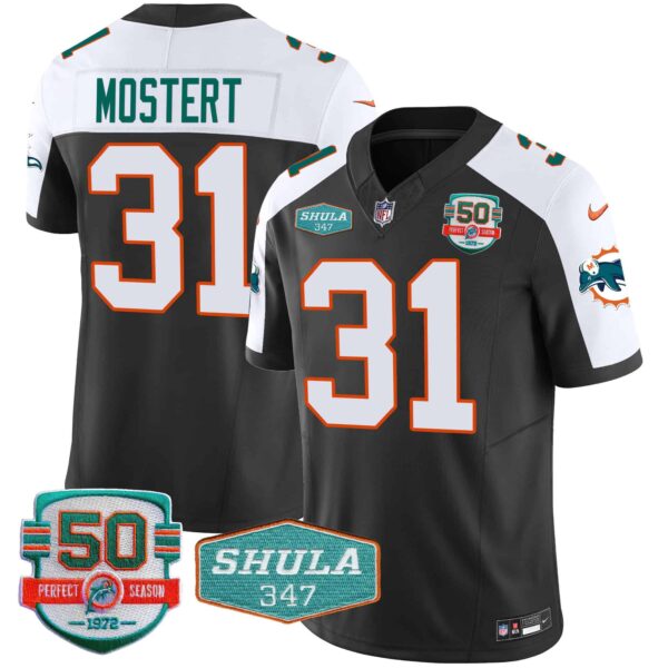 Men’s Dolphins Throwback Shula 347 Patch Vapor Jersey – All Stitched – Black Alternate – Raheem Mostert