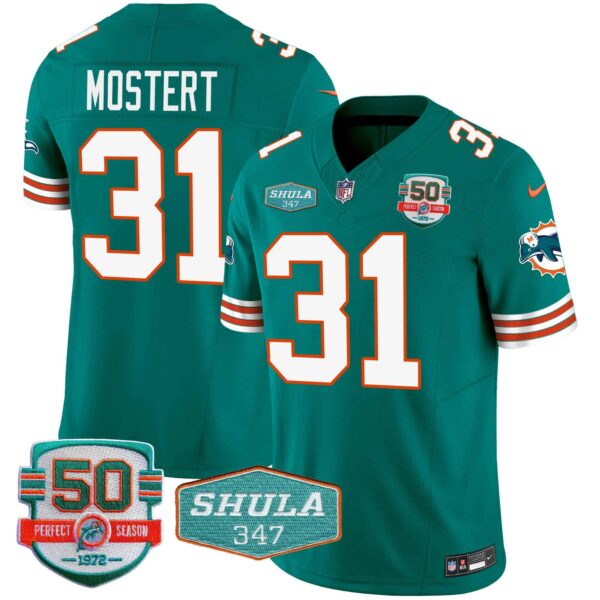 Men’s Dolphins Throwback Shula 347 Patch Vapor Jersey – All Stitched – Aqua – Raheem Mostert