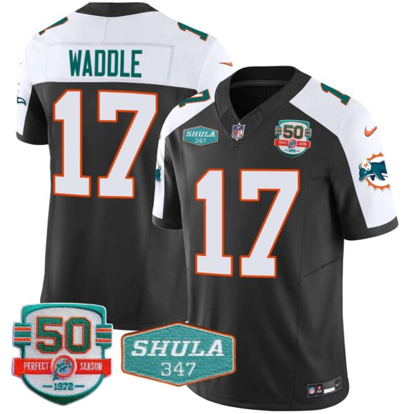 Men’s Dolphins Throwback Shula 347 Patch Vapor Jersey – All Stitched – Black Alternate – Jaylen Waddle