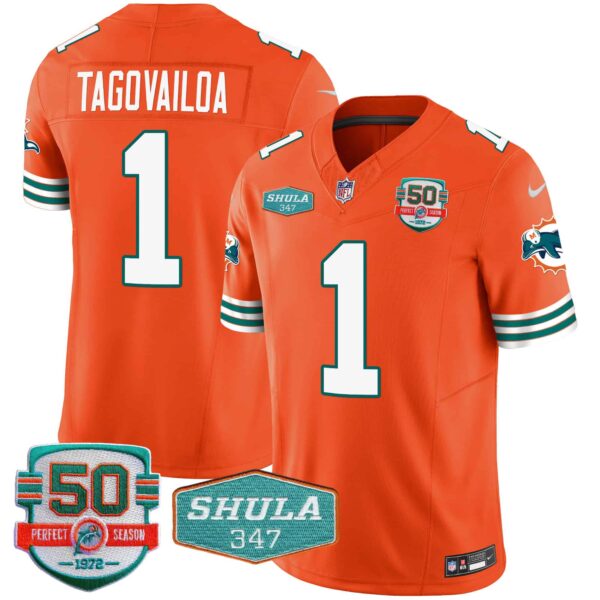 Men’s Dolphins Throwback Shula 347 Patch Vapor Jersey – All Stitched – Orange – Tua Tagovailoa