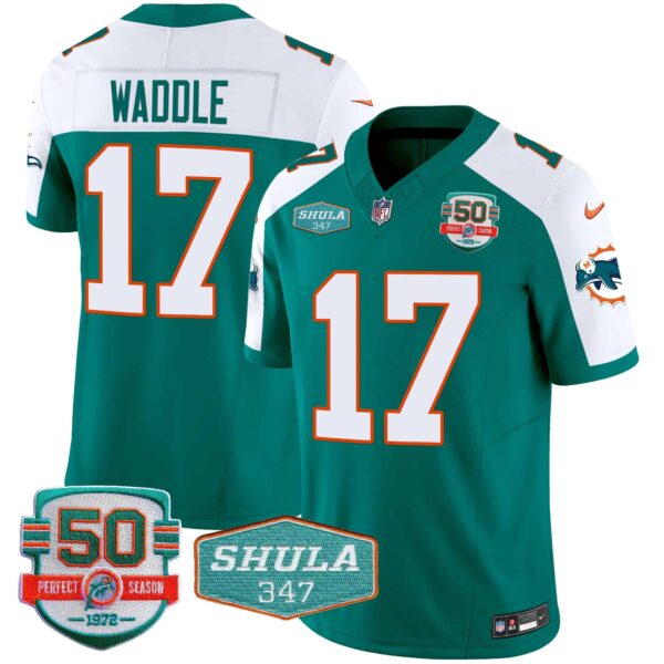 Men’s Dolphins Throwback Shula 347 Patch Vapor Jersey – All Stitched – Aqua Alternate – Jaylen Waddle