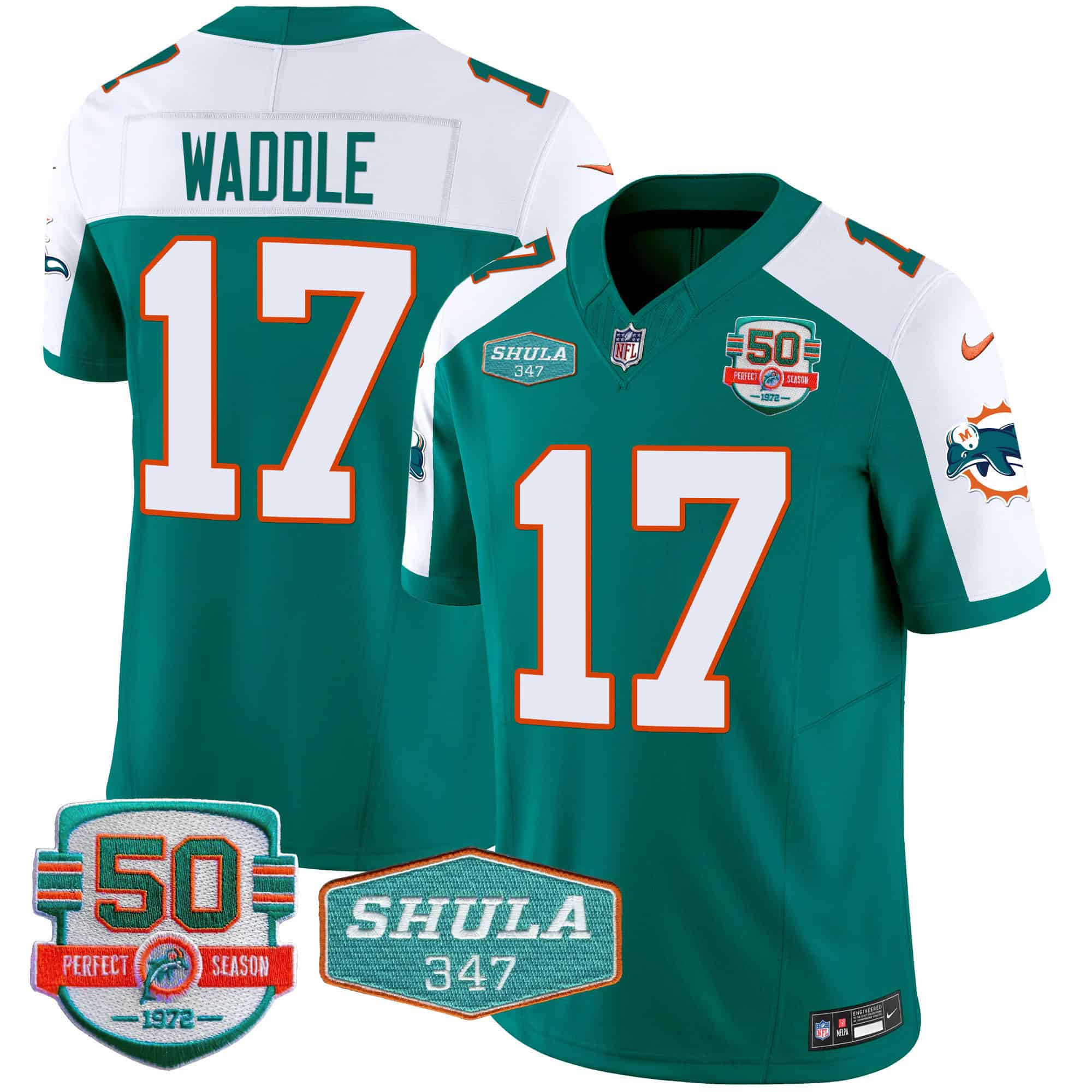 Men’s Dolphins Throwback Shula 347 Patch Vapor Jersey – All Stitched – Aqua Alternate – Jaylen Waddle