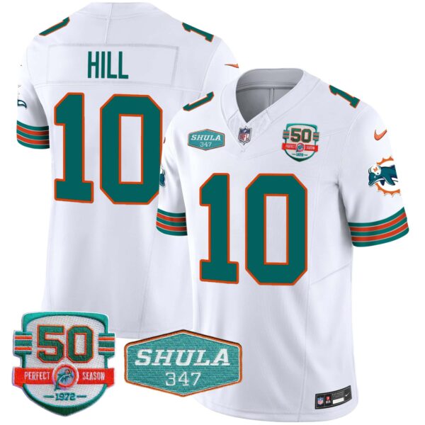 Men’s Dolphins Throwback Shula 347 Patch Vapor Jersey – All Stitched – White – Tyreek Hill