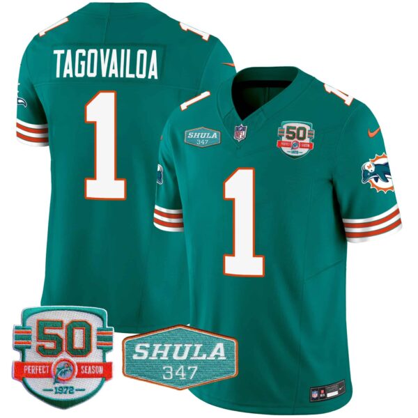 Men’s Dolphins Throwback Shula 347 Patch Vapor Jersey – All Stitched – Aqua – Tua Tagovailoa