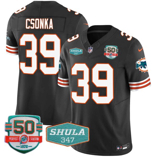 Men’s Dolphins Throwback Shula 347 Patch Vapor Jersey – All Stitched – Black – Larry Csonka