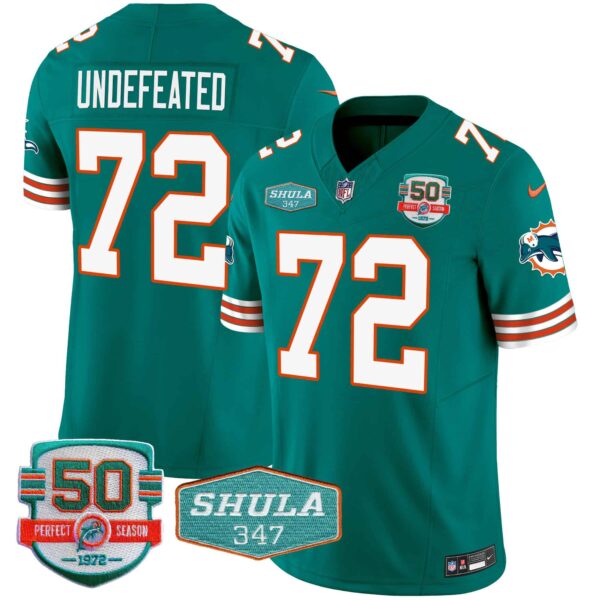 Men’s Dolphins Throwback Shula 347 Patch Vapor Jersey – All Stitched – Aqua – Undefeated