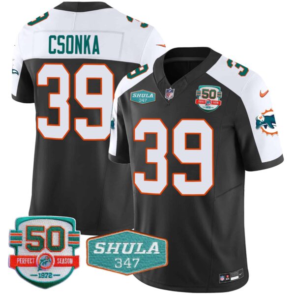 Men’s Dolphins Throwback Shula 347 Patch Vapor Jersey – All Stitched – Black Alternate – Larry Csonka