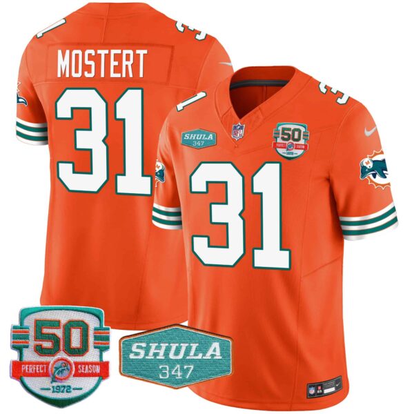 Men’s Dolphins Throwback Shula 347 Patch Vapor Jersey – All Stitched – Orange – Raheem Mostert