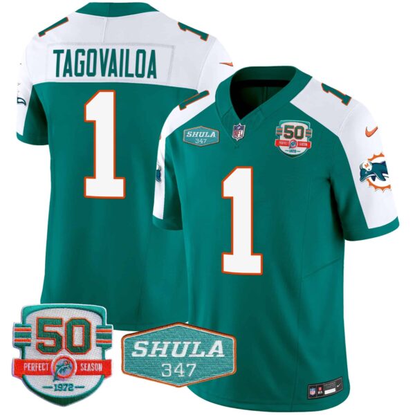 Men’s Dolphins Throwback Shula 347 Patch Vapor Jersey – All Stitched – Aqua Alternate – Tua Tagovailoa