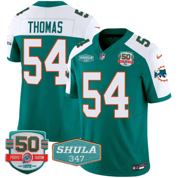 Men’s Dolphins Throwback Shula 347 Patch Vapor Jersey – All Stitched – Aqua Alternate – Zach Thomas