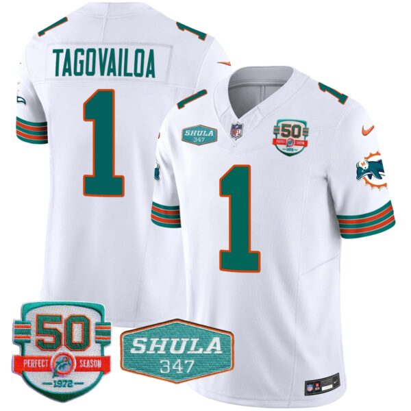 Men’s Dolphins Throwback Shula 347 Patch Vapor Jersey – All Stitched – White – Tua Tagovailoa