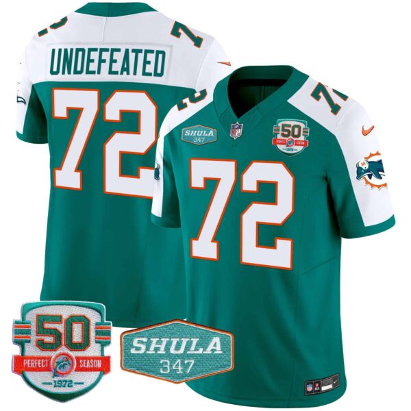 Men’s Dolphins Throwback Shula 347 Patch Vapor Jersey – All Stitched – Aqua Alternate – Undefeated