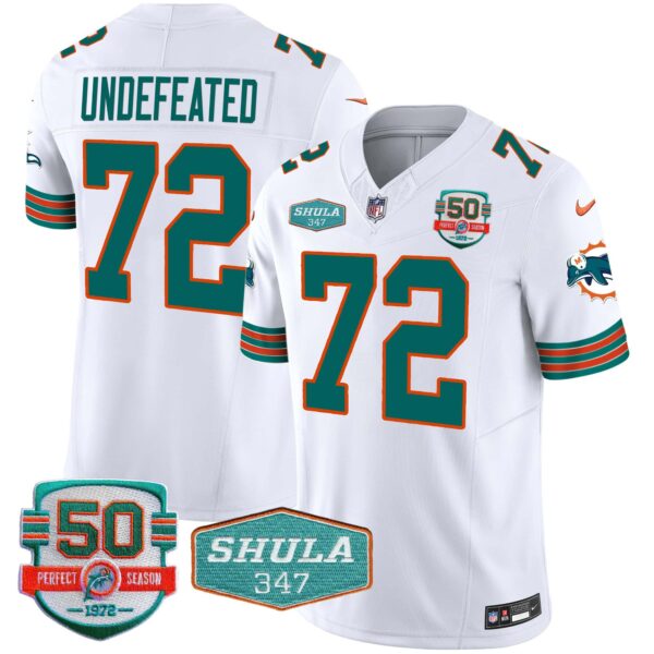 Men’s Dolphins Throwback Shula 347 Patch Vapor Jersey – All Stitched – White – Undefeated