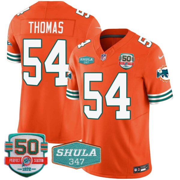 Men’s Dolphins Throwback Shula 347 Patch Vapor Jersey – All Stitched – Orange – Zach Thomas