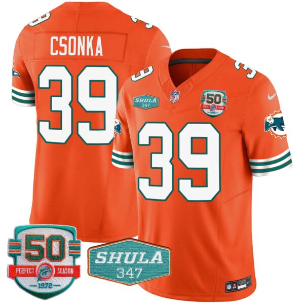 Men’s Dolphins Throwback Shula 347 Patch Vapor Jersey – All Stitched – Orange – Larry Csonka