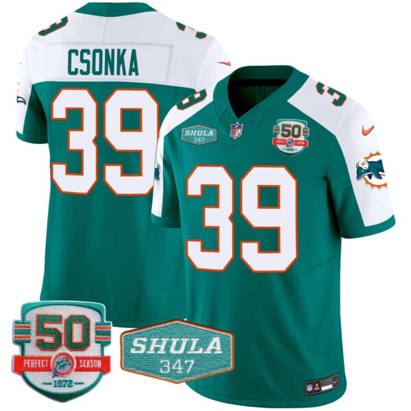 Men’s Dolphins Throwback Shula 347 Patch Vapor Jersey – All Stitched – Aqua Alternate – Larry Csonka