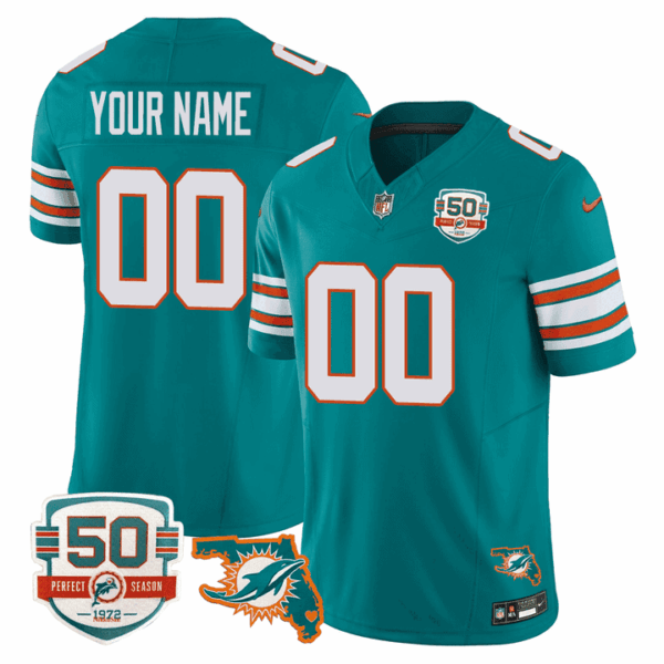 Dolphins Throwback 50th Perfect Season & Florida Patch Vapor Custom Jersey – All Stitched – Men – Aqua