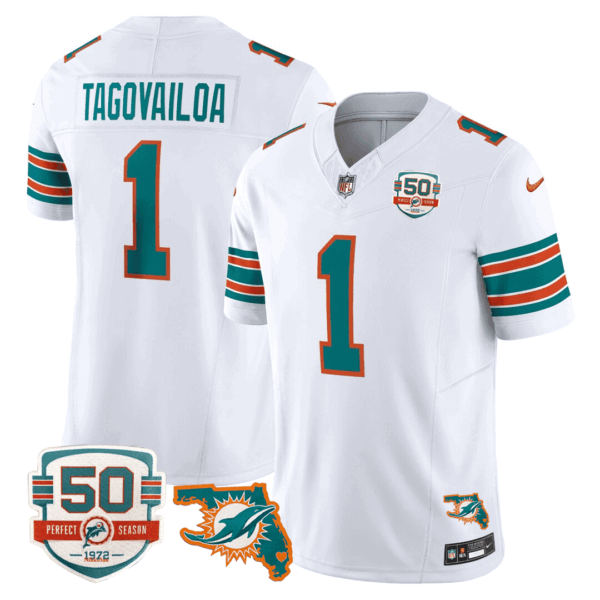 Men’s Miami DolphinsThrowback 50th Perfect Season & Florida Patch Vapor Jersey – White – Tua Tagovailoa