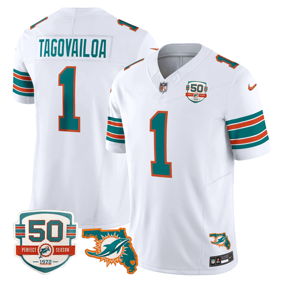 Men’s Miami DolphinsThrowback 50th Perfect Season & Florida Patch Vapor Jersey – White – Tua Tagovailoa