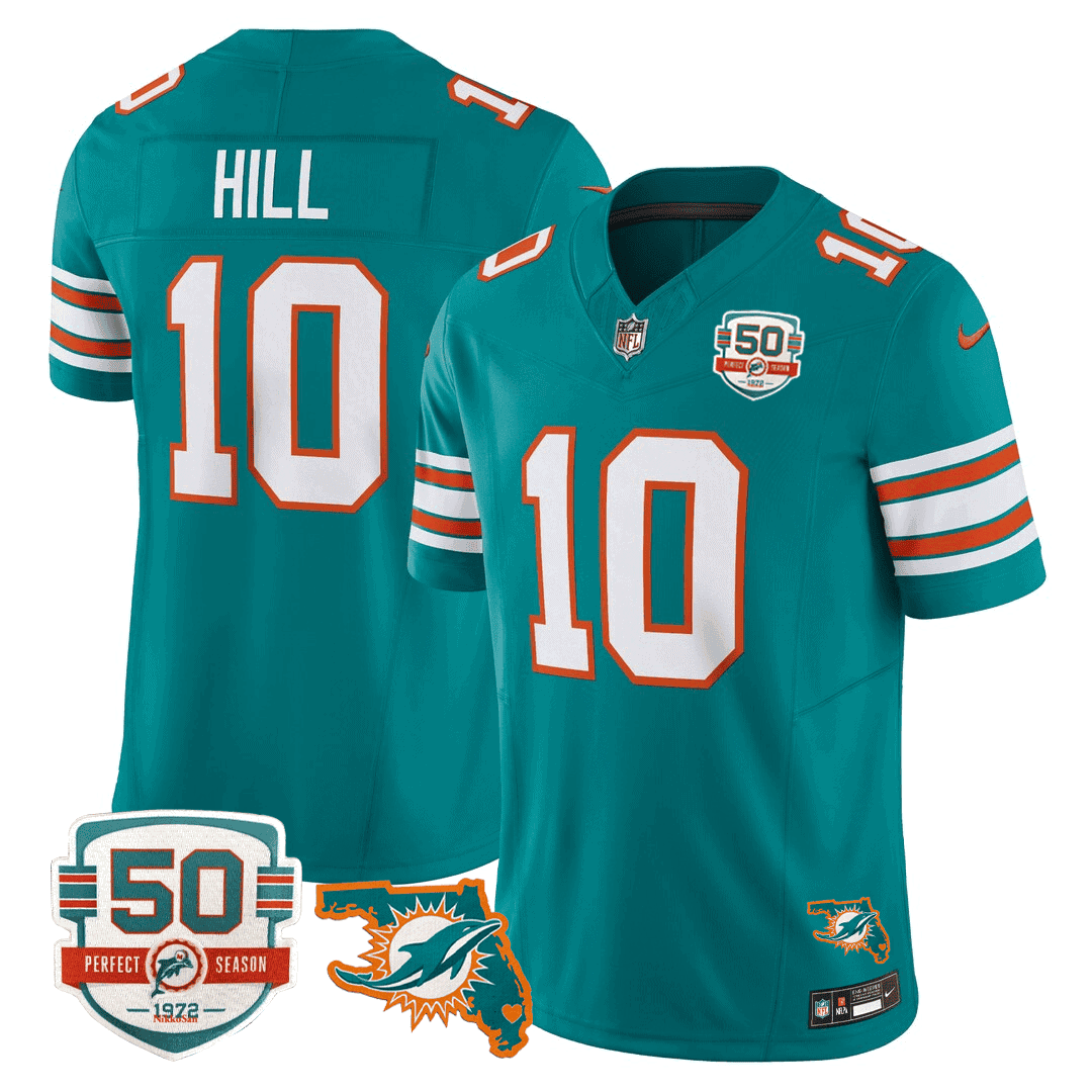 Men’s Miami DolphinsThrowback 50th Perfect Season & Florida Patch Vapor Jersey – Aqua – Tyreek Hill