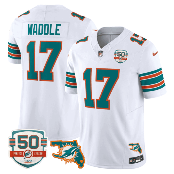 Men’s Miami DolphinsThrowback 50th Perfect Season & Florida Patch Vapor Jersey – White – Jaylen Waddle