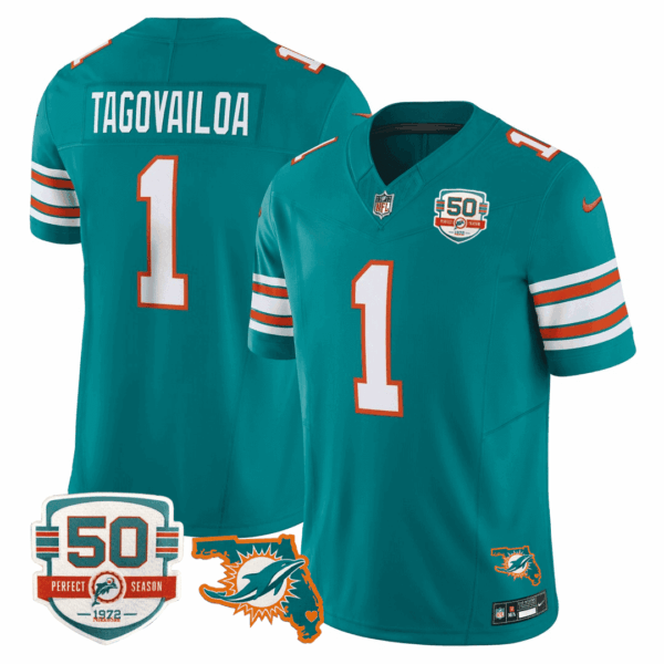 Men’s Miami DolphinsThrowback 50th Perfect Season & Florida Patch Vapor Jersey – Aqua – Tua Tagovailoa
