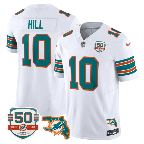 Men’s Miami DolphinsThrowback 50th Perfect Season & Florida Patch Vapor Jersey – White – Tyreek Hill