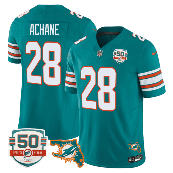 Men’s Miami DolphinsThrowback 50th Perfect Season & Florida Patch Vapor Jersey – Aqua – De’Von Achane