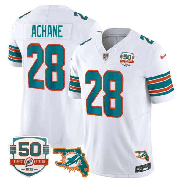 Men’s Miami DolphinsThrowback 50th Perfect Season & Florida Patch Vapor Jersey – White – De’Von Achane