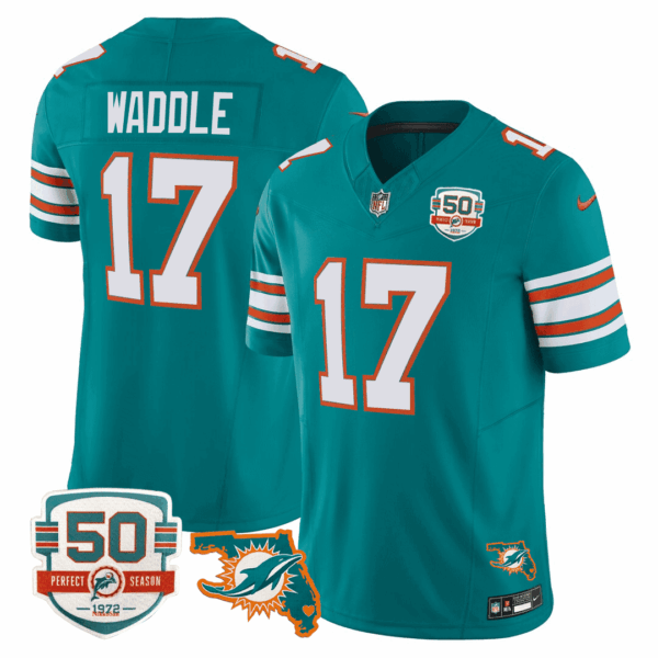 Men’s Miami DolphinsThrowback 50th Perfect Season & Florida Patch Vapor Jersey – Aqua – Jaylen Waddle
